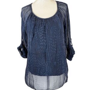 Piazza Roma Silk Blouse Navy Blue Print Fitted Lining 1/2 Sleeve Size Small